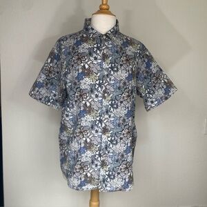 Verdo Men's Blue Tan Floral Linen Cotton Short Sleeve Button Shirt Size Large
